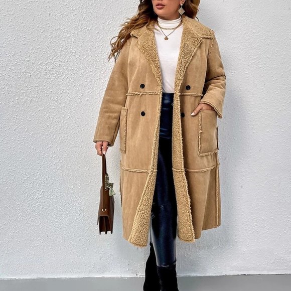 Reg or Plus Size camel Double Breasted Teddy lined faux suede Coat Jacket fall - Picture 11 of 11